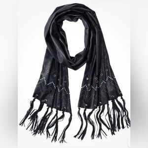 Mark Ladies Brushed Suede Studded Fringed Scarf with Grommets 18" x 65" Black